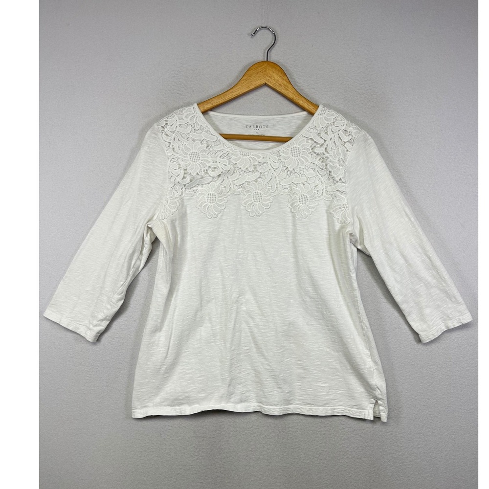 Cottagecore Talbots Womens Medium White Lace Neckline Slub Knit 3/4 Sleeve Top